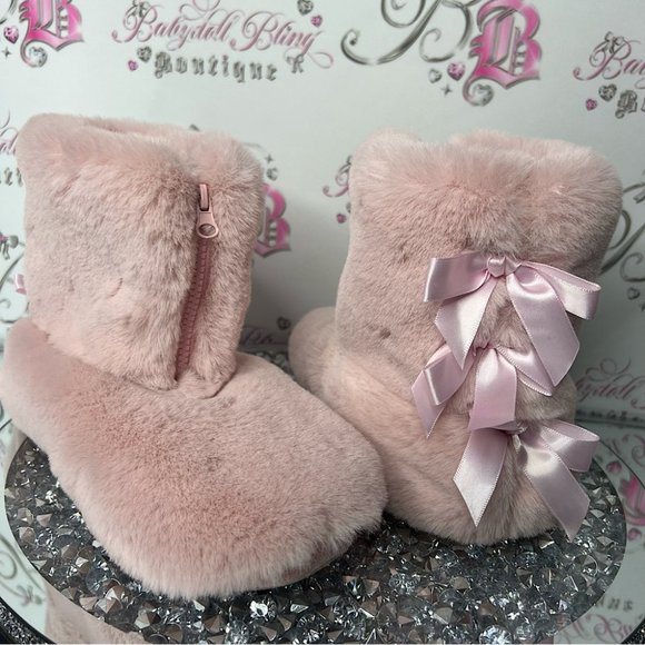 Slippers bows π coquette furry fuzzy soft fur booties π soft plush lounge pink - Picture 1 of 7